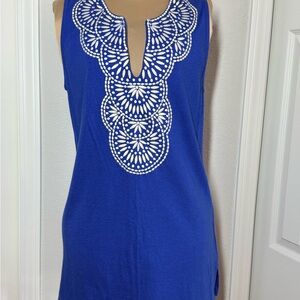 Sleeveless Royal Blue Embroidered Neckline Women's Top